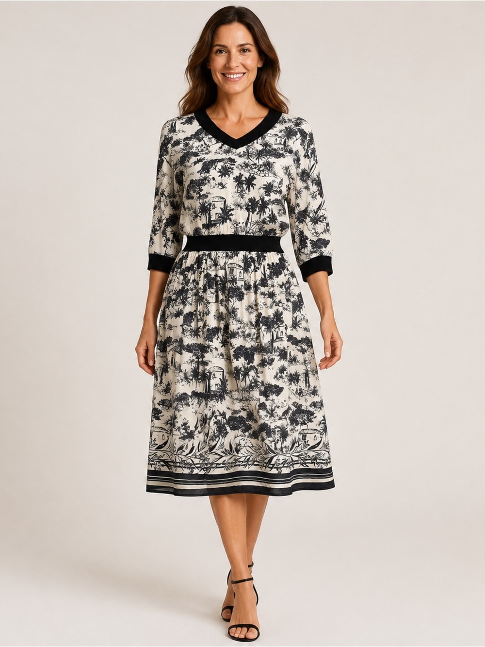 MSGM Milan Silk Toile de Jouy Midi Dress Ribbed Trim Structured V-Neck IT 40 S